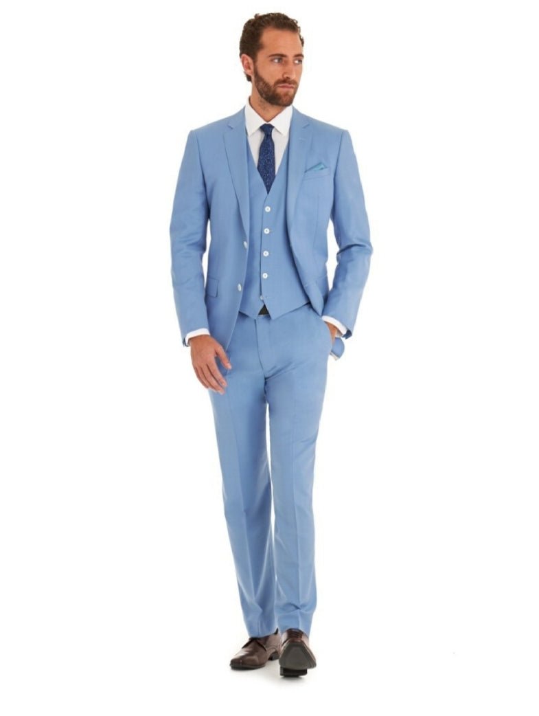 Men's sky blue 3 piece cotton suit with white buttons-2
