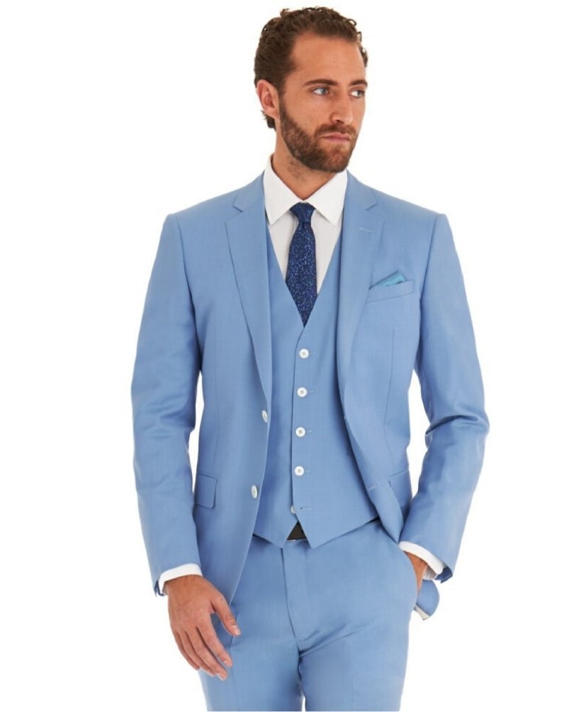 Men's sky blue 3 piece cotton suit with white buttons-0