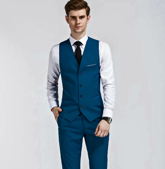Teal blue 3-piece cotton suit with pocket square decoration-1