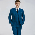 Teal blue 3-piece cotton suit with pocket square decoration-0